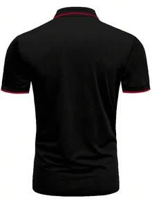 Manfinity Homme 男士對比色縫線飾邊短袖 Polo 衫，正式款 - 黑色 - 查看 2