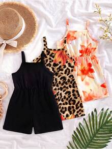 3pcs/Set Girls Toddler Summer 2026 New Style Spaghetti Strap Large Floral Print All-Over Fitted Romper Shorts, Simple Versatile Fashion Vacation Style - Multicolor - View 2