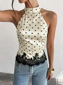 Firerie Top feminino sem mangas com decote halter, estampado de bolinhas e renda em contraste - Preto e Branco - Ver 5