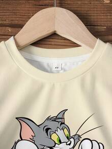 TOM & JERRY X SHEIN 少女對比色卡通印花T恤短褲套裝 - 白色 - 查看 4
