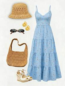 SHEIN Franclia Summer Pastoral Ditsy Floral Spaghetti Strap Dress With Back Bow Tie Multi-Layer Patchwork Elegant Women's Dress Yellow Dress Wedding Guest Dress Graduation Dress Beach Vacation Outfit Holiday Dress - Blue - View 6