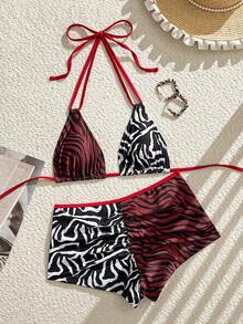 Vaytide New Spring Summer Multi-Color Leopard & Cow Print Patchwork Halter Triangle Cup Bikini Set, Ruched Butt-Lifting Brazilian Shorts, Sexy 2-Piece Beach Vacation Bikini Set For Hot Girls - Multicolor - View 3