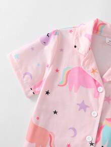 女童彩色獨角獸圖案鈕扣領短袖短褲兩件組舒適家居服套裝 - 淺粉色 - 查看 6