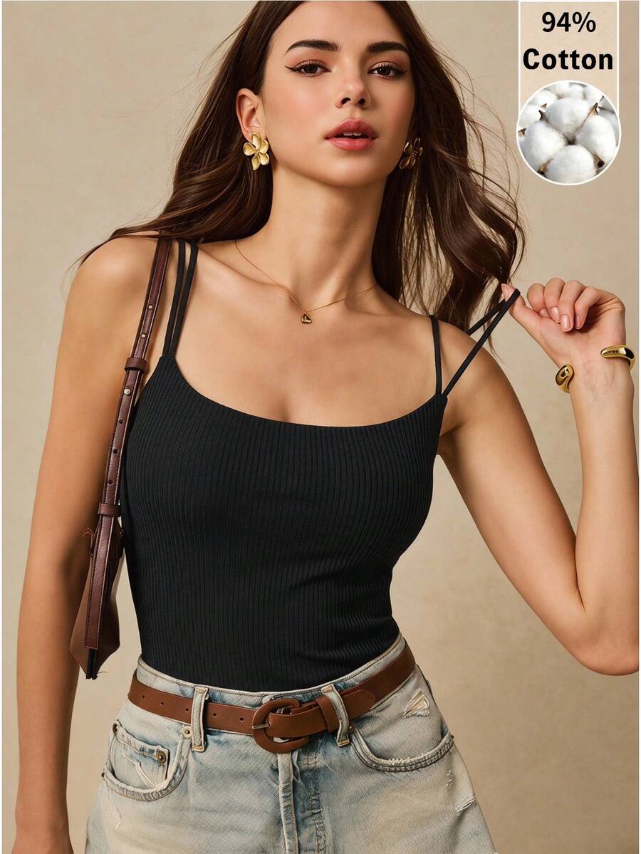 Poéselle Women's Solid Color Minimalist Casual Ribbed Camisole, Padded Vest,Black Tops,Versatile - Black - View 1