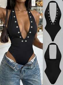 StreetHx Casual Sexy Street Style Deep V Rivet Bodysuit For Women Clubbing Black Summer - Black - View 3