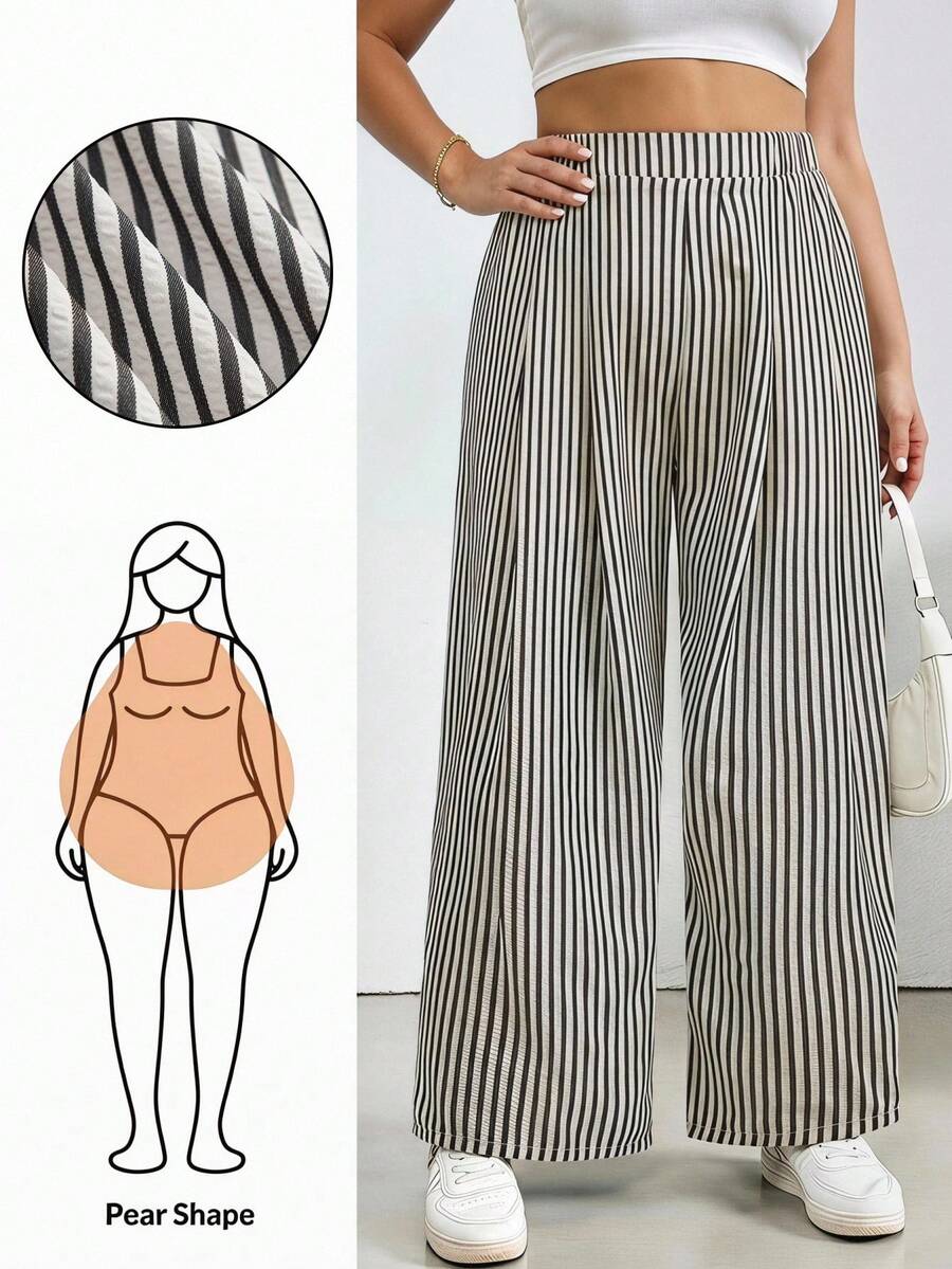 SHEIN Essnce 休閒度假條紋紋理面料大尺碼女款舒適寬鬆長褲,適合夏季黑色條紋長褲 - 黑與白 - 查看 1