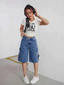 SHEIN Quần short denim túi cargo cúc cài đa năng dài đến gối thời trang cho nữ thiếu niên - Rửa tối - Xem 6