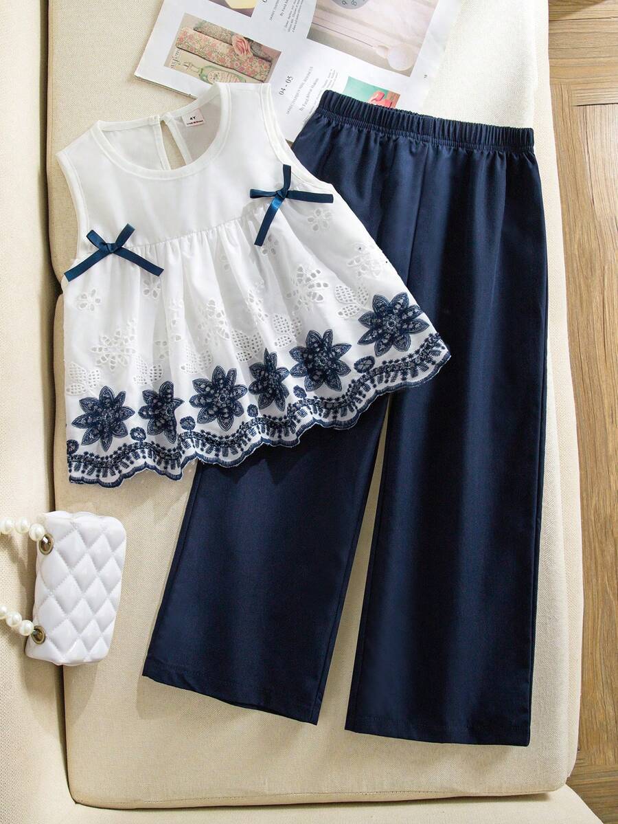SHEIN Elladie kids 女童法式鄉村風3D刺繡布料蝴蝶結裝飾無袖背心上衣與寬鬆直筒長褲套裝，春夏活潑休閒穿搭