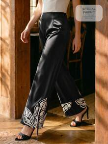 CAJUNI Women's Tropical Plant Print Elegant Satin Flare Pants Party Black And White Autumn - Black - View 1