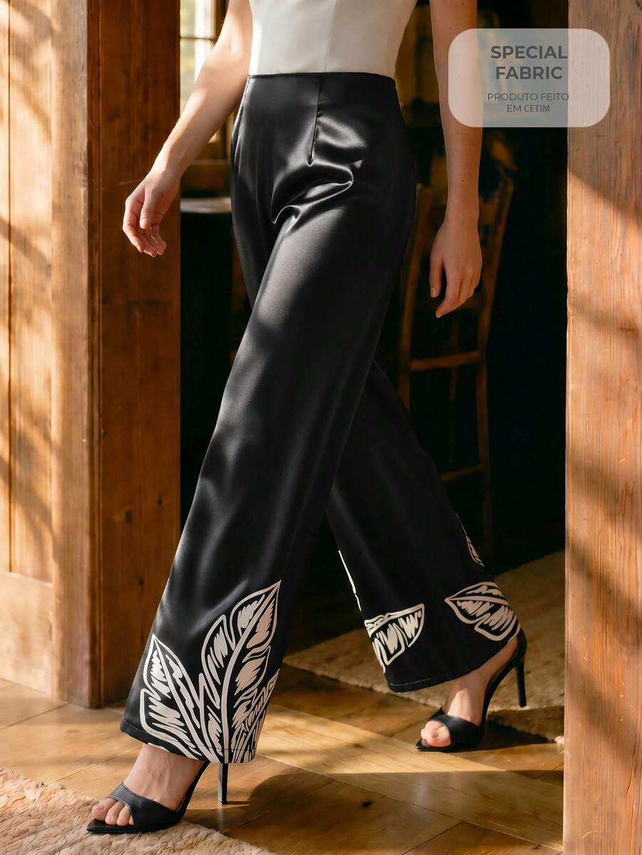 CAJUNI Women's Tropical Plant Print Elegant Satin Flare Pants Party Black And White Autumn - Black - View 1