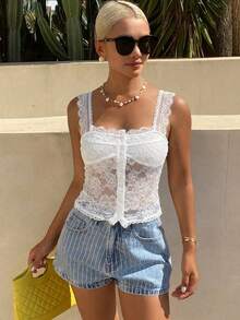 DAZY Women's Textured Fabric Patchwork Lace Trim Waist-Cinched Cropped Square Neck Casual Elegant Vacation Beach Vacation Summer Tank Top White - White - View 7