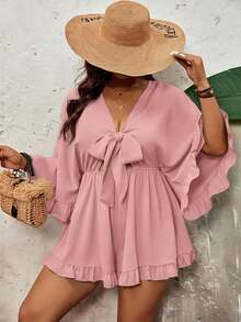SHEIN VCAY Mono de talla grande para vacaciones de unicolor, manga de murciélago, bajo con volantes, cintura con lazo - Rosa - Ver 6