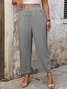 SHEIN LUNE CURVE Celana Panjang Kasual Ukuran Besar dari Katun Linen dengan Motif Patchwork dan Bordir Renda untuk Musim Gugur - Grey - View 5