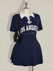 SHEIN ICON 女款大尺碼 POLO 領黑白對比迷你洋裝 - 藏蓝色 - 查看 1