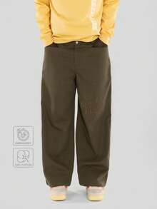 FORM&CHAOS [100% Katun] Celana Kargo Pria Musim Gugur Longgar Bordir Pinggang Elastis Saku Besar Gaya Pantai Hijau Tentara Streetwear - Khaki - View 4