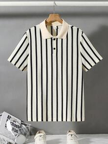 SHEIN Striped Crochet Teen Boys' Casual Polo Shirt, Comfortable, Fashionable & Versatile For Beach Vacation, School, Daily Wear, And Spring/Summer - Multicolor - View 6