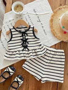 Baby Girl Knitted Striped Round Neck Tank Top And Shorts 2pcs Set - Black - View 4