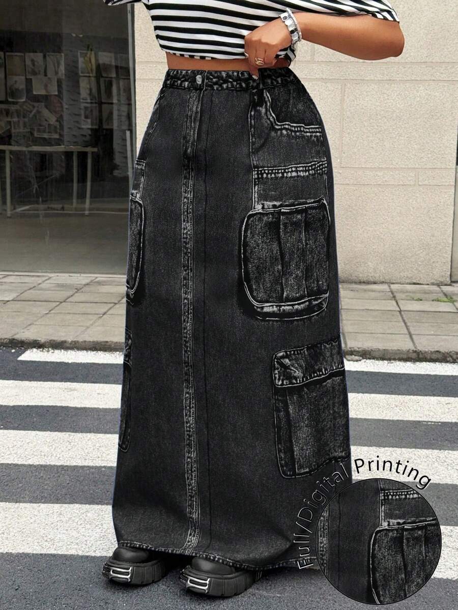 Maweii Casual Minimalist Printed Comfortable Slit Skirt - Black - View 1