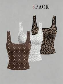 EMERY ROSE 3pcs Plus Size Women's Casual Polka Dot & Leopard Pattern Printed Sleeveless Vest Set, Summer - Multicolor - View 1
