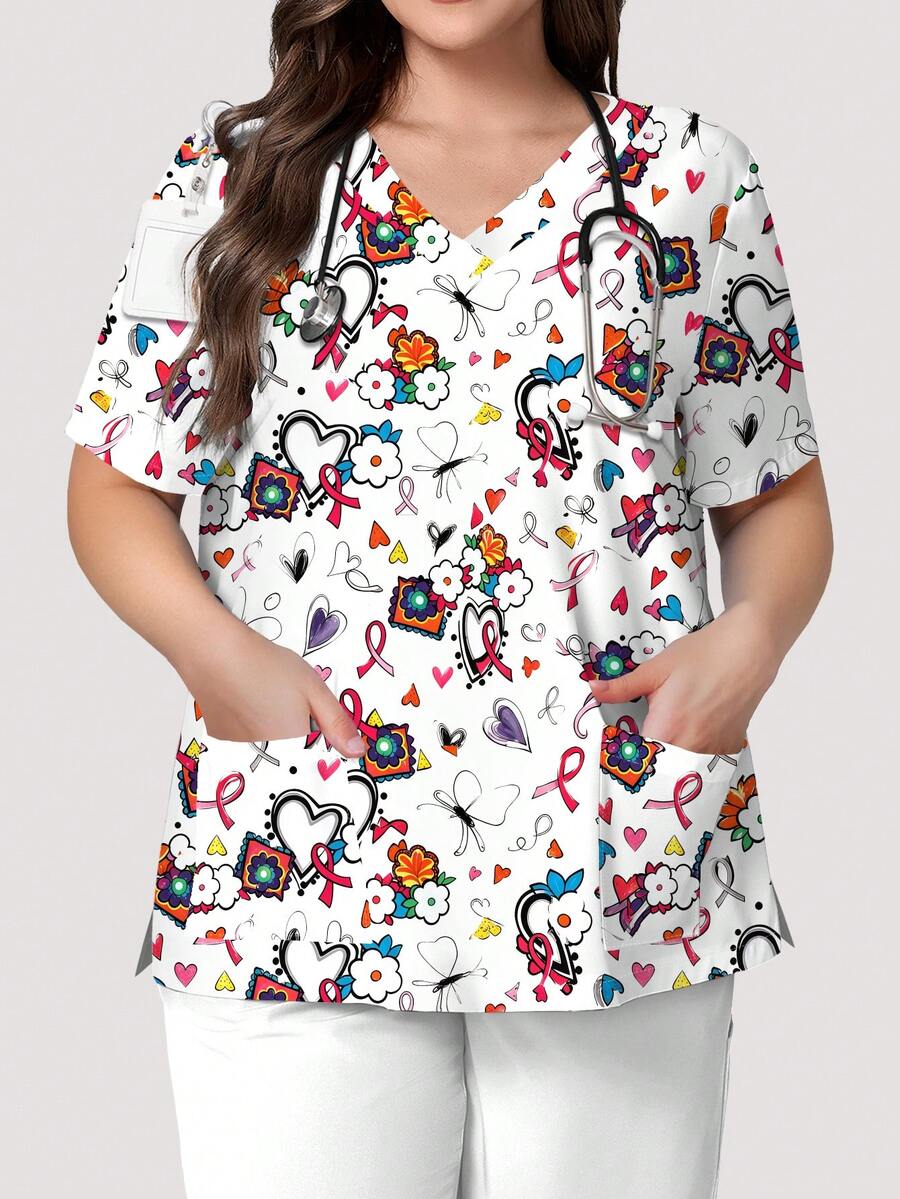 PopScrub Atasan Wanita Ukuran Besar Warna Putih Motif Kartun Bunga, Kupu-kupu, dan Pita, Model V-Neck Lengan Pendek dengan Saku, Tali Telinga, dan Desain Belahan, Atasan Seragam Kerja, Seragam Perawat Musim Semi/Panas, Atasan Seragam, Cocok untuk Rumah Sakit, Salon Kecantikan, dan Berbagai Institusi - MultiWarna - View 1