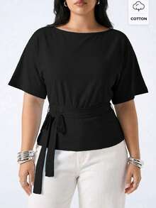 SHEIN EZwear Plus Size Summer Casual Black Tie Waist T-Shirt - Black - View 1