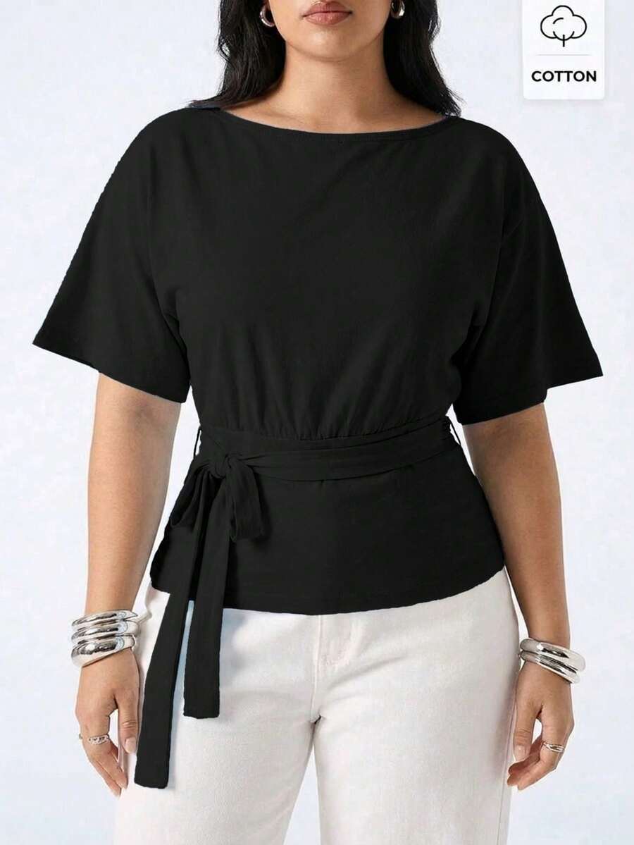 SHEIN EZwear Plus Size Summer Casual Black Tie Waist T-Shirt - Black - View 1