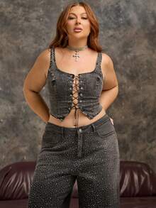 Lele Munniz Plus Size Women's Fashion Rhinestone Embellished Wide Leg Jeans Casual Black - Black - View 3