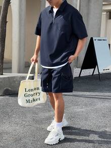Manfinity Homme 男士纯色简约日常短袖T恤短裤套装，男士夏季两件套，男士休闲两件套，舒适装 - 藏蓝色 - 查看 5