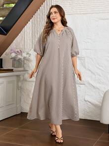 Lacomfia Vestido de tela a rayas de talla grande con ajuste holgado y detalle de encaje patchwork, estilo casual elegante, adecuado para uso diario y reuniones en primavera/verano - Caqui - Ver 3