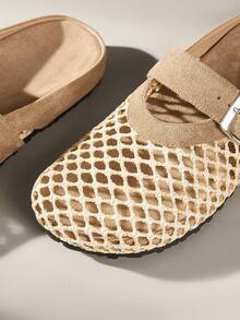 Solecia Women's Shoes Spring And Summer New Woven Upper Buckle Decorative Round Toe Design, Slip-On Dew Heel Comfortable Simple Holiday Flat Shoes - Khaki - View 6