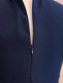 女童優雅深藍色雪紡短袖V領收腰百褶下擺洋裝，輕盈柔軟面料，適合度假、畢業典禮、開學季、婚禮季、各種派對與正式場合 - 藏蓝色 - 查看 7
