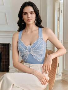 Anewsta Sweet Style Butterfly Crochet Lace Camisole Top, Summer Fashion Wide Strap Blue & White Contrast Color V-Neck Gentle Slim Fit Outerwear/Innerwear Short Top - Blue - View 2