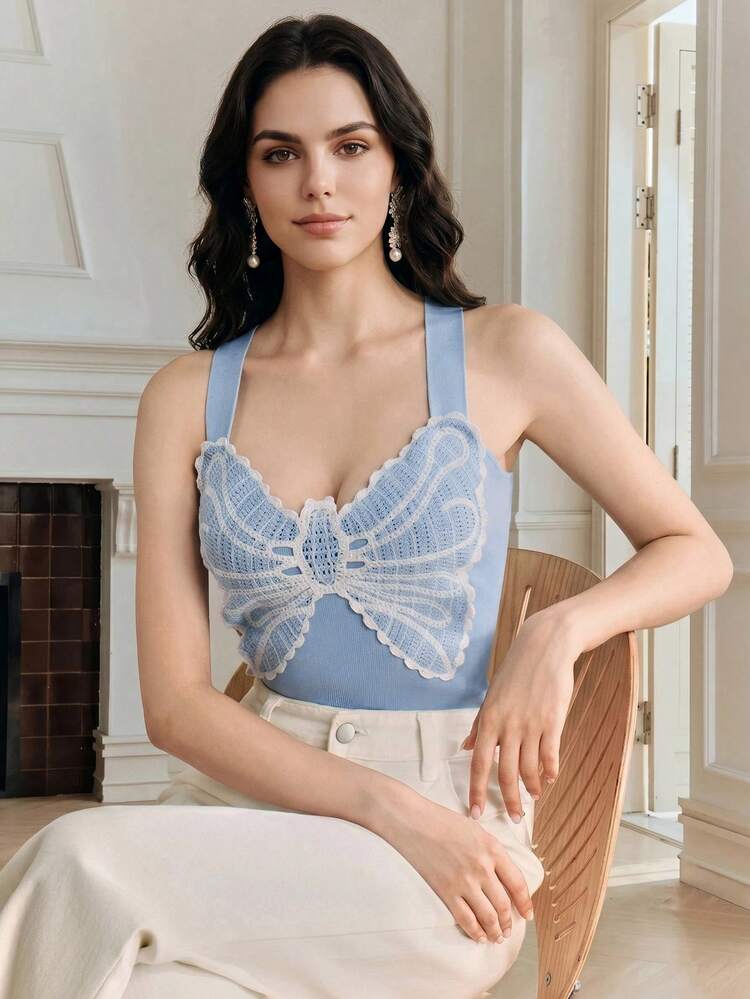 Anewsta Sweet Style Butterfly Crochet Lace Camisole Top Autumn