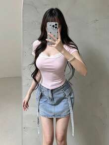 Coolane Camiseta Rosa Feminina de Verão, Decote Quadrado, Elegante e Fofa, Elástica e Confortável, para Sair - Rosa chiclete - Visão 3