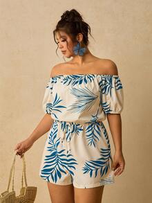 SHEIN VCAY Plus Size Striped & Printed Belted Batwing Sleeve Jumpsuit With Front Button - Blue - View 8