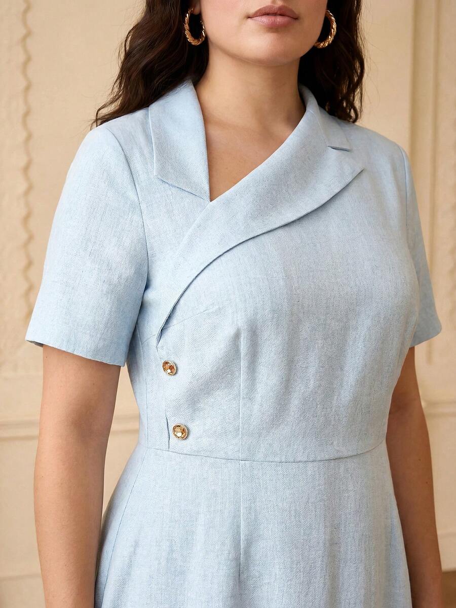 ZEYLAH Asymmetric Oblique Collar Short Sleeve Ruched Waist Dress - Sky Blue - View 1