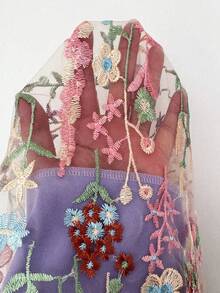 女款時尚優雅刺繡花卉細肩帶長洋裝，附3D花朵繫帶 - 紫色 - 查看 8