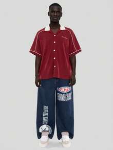 FORM&CHAOS Men's Summer Loose Fit Streetwear Graphic Print Long Pants Holiday Dark Blue - Navy Blue - View 3