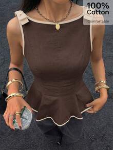 Siren Gaze 女款優雅休閒舒適無袖蝴蝶結肩帶對比飾邊收腰荷葉邊下擺背心上衣，適合夏季海灘度假假期辦公室工作休閒穿搭 - 棕色 - 查看 5