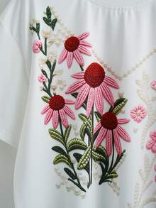 Everyssa Women's Cute T-Shirt White And Pink Floral Embroidery Pearl Print Round Neck Short Sleeve Summer Top,Suitable For Tea Party,Vacation & Casual Wear - Multicolor - View 6