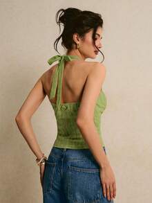 Poéselle Women's Solid Color Single-Breasted Casual Halter Neck Top - Green - View 3