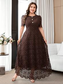 Reflora Plus Size Elegant Elegant Faux Pearl Button Decor Lace Patchwork Round Neck Dress - Brown - View 6