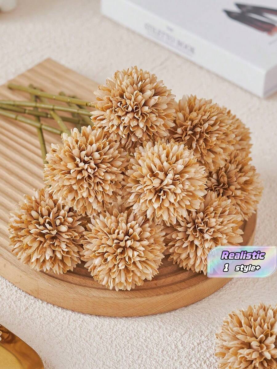 1/4/8/16/24Pcs Artificial Chrysanthemum Dandelion Hydrangea Flower Bunch Faux Floral Bouquet For Gift Wedding Home Office Cafe Party Decor Back To School Room Decoration Must Have - Khaki - View 1