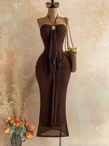 Soleia Women's Solid Color Metal Decor Ruffle Halter Top And Skirt Casual Daily Set - Brown - View 3
