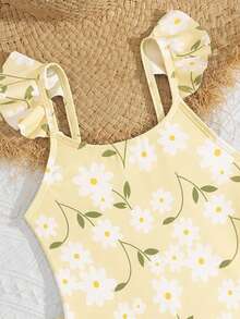 SHEIN Young Girl Cute Plant Floral Print One-Piece Jumpsuit With Ruffle Skirt Set, Fashionable Casual Exquisite, Swimming Vacation Beach - Yellow - View 3