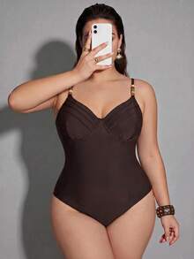 Shapewave Plus Size Women's Solid Color Beaded Detail Fashionable One-Piece Swimsuit Beach Brown Summer Sexy - Coffee Brown - View 7