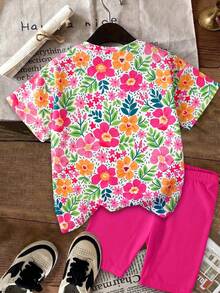 Emery Rose Kids Emery Rose Kids 2件組少女休閒花卉印花短袖圓領T恤與短褲套裝，適合夏季穿搭 - 彩色 - 查看 2