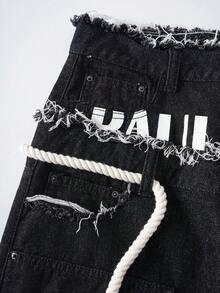 Paul Frank X SHEIN Men's Hip-Hop Design Cartoon Pattern Print Button Tie Frayed Denim Shorts - Black - View 4