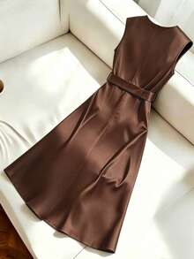 Franclia Gaun Wanita Elegan untuk Komuter, Model V-Neck Bodycon, Pas Badan, Bahan Satin Elastis Mengkilap dengan Kancing Metalik, Gaun Dalaman Musim Semi/Panas - Coffee Brown - View 2