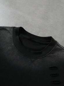 ROMWE MEN Men's Washed Distressed Loose Short Sleeve T-Shirt Street Retro - Black - View 3